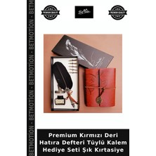 Premium Kırmızı Deri Hatıra Defteri Tüylü Kalem Hediye Seti Şık Kırtasiye