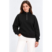Kadın Üç Iplik Içi Şardonlu Dik Yaka Yarım Fermuarlı Kışlık Sweatshirt - Siyah
