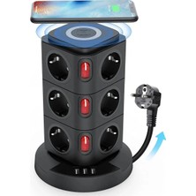 Asfal Akım Korumalı 2.4A Kule Priz Kablosuz Şarj Istasyonu 12X Soketli 3x USB Wireless Şarj  Kablolu Priz