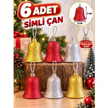 Asöy Yılbaşı Çam Ağacı Süsü Renkli Çan Gold Kırmızı Gümüş Simli Yılbaşı Ağacı Süsü Çan Süs 6 Adet