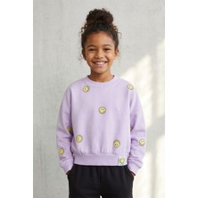 Songül Berik Lila Gülen Yüz Baskılı Kız Çocuk Sweatshirt