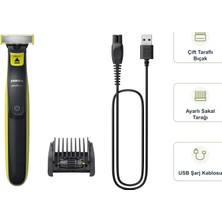Philips Oneblade Yeşil Erkek Tıraş ve Bakım Seti, Çift Taraflı Bıçak, Ayarlı Sakal Tarağı ve USB Şarj Kablosu ile Günlük Kişisel Bakım, Mutfak Tartısı Dahil QP2724/20