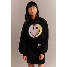 Songül Berik Siyah Gülen Yüz Baskılı Kız Çocuk Sweatshirt