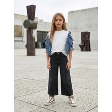 Songül Berik Koyu Gri Yırtmaç Detaylı Kız Çocuk Wide Leg Jean Pantolon