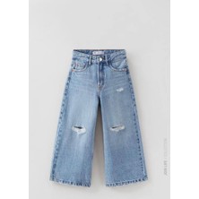 Songül Berik Mavi Yırtmaç Detaylı Kız Çocuk Wide Leg Jean Pantolon