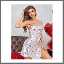 Mybest Kadın Beyaz Fuşya Kalp Desenli Saten Gecelik 2219 · Beden: S/m · Renk: Beyaz Zfr