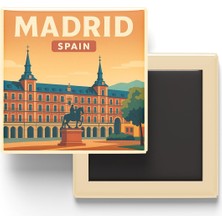 Madrid Ispanya - Plaza Mayor (Büyük Meydan) - Baskılı Buzdolap Magneti Kare 9x9 cm