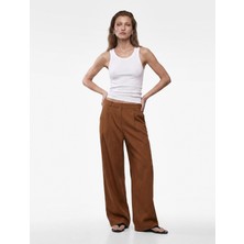 Cepli Pile Detaylı Geniş Paça Baggy Keten Pantolon