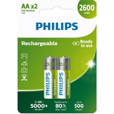 Philips 2'li Şarj Edilebilir AA Kalem Pil 2600mAh Yüksek Kapasiteli Uzun Süreli Kullanım Uyumlu