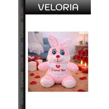 Veloria Özel Seri Hatıra Eşya Kutlama Hediyesi I Love You Tişörtlü Sevimli Pembe Peluş Tavşan