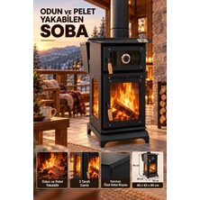 Bey Şömine Odun Sobası Pelet Soba Fırınlı Kuzineli Odun ve Pelet Şömine 3 Tarafı Camlı Paslanmaz Krom Pelet Hazneli