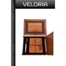 Veloria Özel Üretim Ahşap Kutulu Taba Renk Deri Defter ve Kalem Set Klasik Çalışma Alanı Toplantı