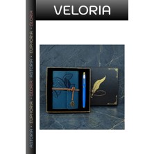 Veloria Özel Üretim Metal Kalem ve Mavi Deri Defter Masa Üstü Kadın Hediyesi Kırtasiye Ürünü