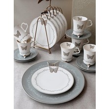 Rossev Porselen Çay Pasta Seti 19 Parça 6 Kişilik Butterfly Gri