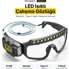 İdragon W6131-4 LED Işıklı Çalışma Gözlüğü Sensörlü Type-C Şarjlı Beyaz Sarı Işık Eller Serbest Tamir Bakım Kamp Gözlük Lambası