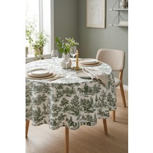 Rona Home Yeşil Fransız Desenli Leke Tutmaz Su Geçirmez Kumaş Yuvarlak Masa Örtüsü Mutfak Salon Balkon Bahçe Örtüsü Sofrası Otantik Dekoratif Şık Dekor