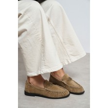Nişantaşı Shoes Mirage Rome Bej Süet Deri Metal Toka Detay Kadın Loafer Ayakkabı