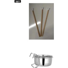 25CM Ahşap Tünek + Çelik Kuş Mama Kabı 11CM Kuş Seti