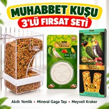 Gold Wings Muhabbet Kuşu 3’lü Fırsat Seti – Akıllı Yemlik, Mineral Gaga Taşı ve Paraket Meyveli Kraker