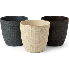 Deconox Hasır Örgü Görünümlü Plastik Saksı Seti 3 Adet, Suluk Altlıklı Dekoratif Iç Mekan Saksısı, 11X11X10 Cm, Krem Antrasit Kahverengi Karışık Renk