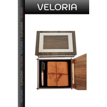 Veloria Premium Özel Ahşap Kutulu Taba Deri Defter ve Bakır Roller Kalem Set Iş Hediyesi Mesai Notluk