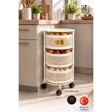 Metes Kitchen Tekerlekli Rengi Krem Açılabilen 3 Katlı Çok Amaçlı Metal Raf Mutfak, Balkon, Kiler