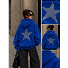 Hai Collection Haı Collectıon Taşlı Yıldız Baskılı Kapüşonlu Sweatshirt Oversize Mavi Hoodie
