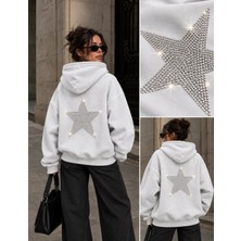 Hai Collection Haı Collectıon Beyaz Yıldız Taşlı Kapüşonlu Oversize Sweatshirt Unisex