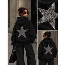 Hai Collection Haı Collectıon Taş Işlemeli Yıldız Baskılı Oversize Kapüşonlu Sweatshirt Siyah