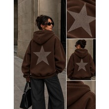 Hai Collection Haı Collectıon Kahverengi Yıldız Taşlı Oversize Kapüşonlu Sweatshirt Unisex