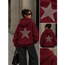 Hai Collection Haı Collectıon Bordo Taş Baskılı Yıldız Desenli Oversize Kapüşonlu Sweatshirt