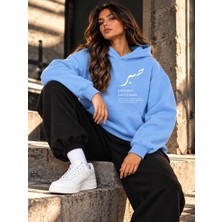 Hai Collection Haı Collectıon Sabr Patience Baskılı Oversize Kapüşonlu Sweatshirt Mavi Unisex