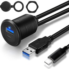 Tip C 3.1 ve USB 3.0 Araba USB Bağlantı Noktası Montajlı Gömme Kablo Erkekten Kadına, Gösterge Paneli Uzatma Kablosu, LED Göstergeli Araba Tekne Motosiklet Için (1 Ft)