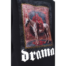 Hai Collection Haı Collectıon Siyah Oversize Kapüşonlu Sweatshirt Halı Desenli At Baskılı Unisex Hoodie