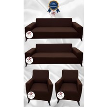 Mikro Lastikli Kaymaz Elastik Koruyucu Giydirme Koltuk Örtüsü - Kahverengi - 3+3+1+1 (4 Parça Set)