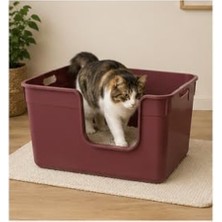 Velora Yüksek Kenarlı Yarı Açık Kedi Tuvaleti, Geniş, Pratik ve Kolay Temizlenebilir 54 x 40 x 32 cm (Bordo)