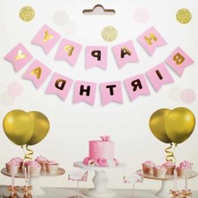 Velora Happy Birthday Yazılı Pembe Zeminli Altın Renkli Banner