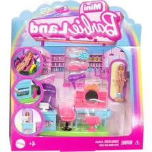 Velora Barbie Mini Barbieland Koleksiyona Uygun Oyun Seti, 4 Cm'lik Bebek, Aynalı Kuaför Tezgahı, Şampuan Bölümü ve Hikaye Anlatımına Yönelik Karşılama Masası ile Kuaför Salonu, JCR32