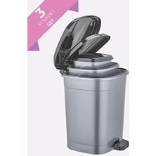 Çöp Kovası Seti 3 Adet Pedallı Gri Banyo Mutfak Çöp Kovası Kapaklı Dış Mekan Bahçe Çöp Kutusu 5 Lt + 10 Lt + 20 Lt