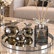 Clasy Lüx Dekoratif Modern Gümüş Tepsi 3lü Füme Kristal Elma Seti ve Koku Şişesi Seti Ev Süs Eşyası