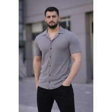 Depodan Erkek Waffle Kumaş Kısa Kollu Düğmeli Açık Yaka Regular Fit Gömlek - Gri
