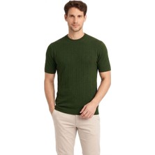Depodan Erkek Yazlık Fitilli Triko Tişört Kısa Kol Bisiklet Yaka T-Shirt - Haki