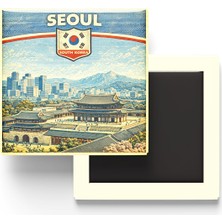 Velora Retro Güney Kore Seul Şehri Temalı Vintage Buzdolap Magneti – 9x9 cm