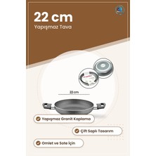 Granit Tava 22 cm Çift Saplı Gri Yapışmaz Kaplamalı Mutfak Tavası Omlet ve Sote Pişirme