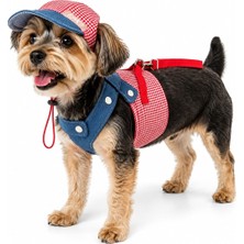 Velora Kedi ve Köpek Kırmızı Pötikare Göğüs Tasması ve Şapka Seti - Gezdirme Kayışlı Kot Detaylı Yazlık Ayarlanabilir Yelek Tasma Takımı(Small)