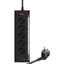 Velora Vetech Akım Korumalı Priz, 5 Girişli, 2x USB + 2x Type-C Çıkışlı, LED Işıklı, 2 Metre Kablo, Masaüstü Kullanım (Siyah)