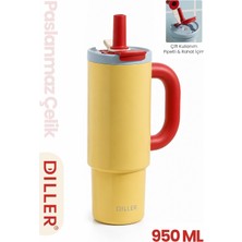 Velora Dıller Tumbler 950 ml Tek Kapak Çift Kullanım Pipetli Rahat Içim Kulplu Paslanmaz Çelik Termos F9511 Sarı
