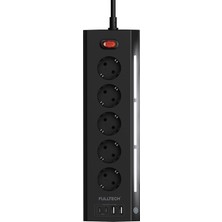 Velora Fulltech Ftr-26 Akım Korumalı Priz Siyah 9’lu (5 Priz + 2 Usb-A + 2 Usb-C) 3680W 16A, 2 Metre