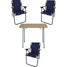 Velora Bofigo 60X80 Çam Desenli Katlanır Masa + 3 Adet Katlanır Sandalye Kamp Seti Bahçe Takımı Lacivert