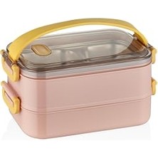 Velora Vagonlife Bento Lunch Box Ofis-Okul Için Yeni Nesil Sefer Tası 2 Kat Taşıma Kulplu Çelik FF367 Pudra